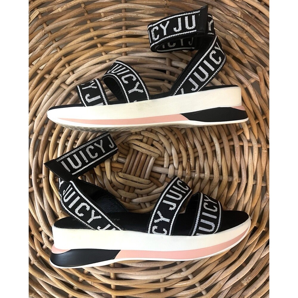 Juicy Couture Impulse Sandals Black Pink White Logo Strap Platform Wedge Sz 8.5